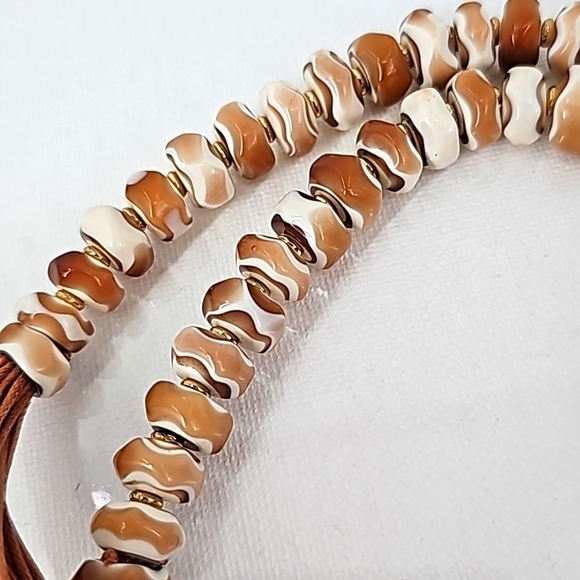 Chico's Long Rustic Stone Statement Necklace w Faux Leather Fringe & Gold Chain - Picture 6 of 13